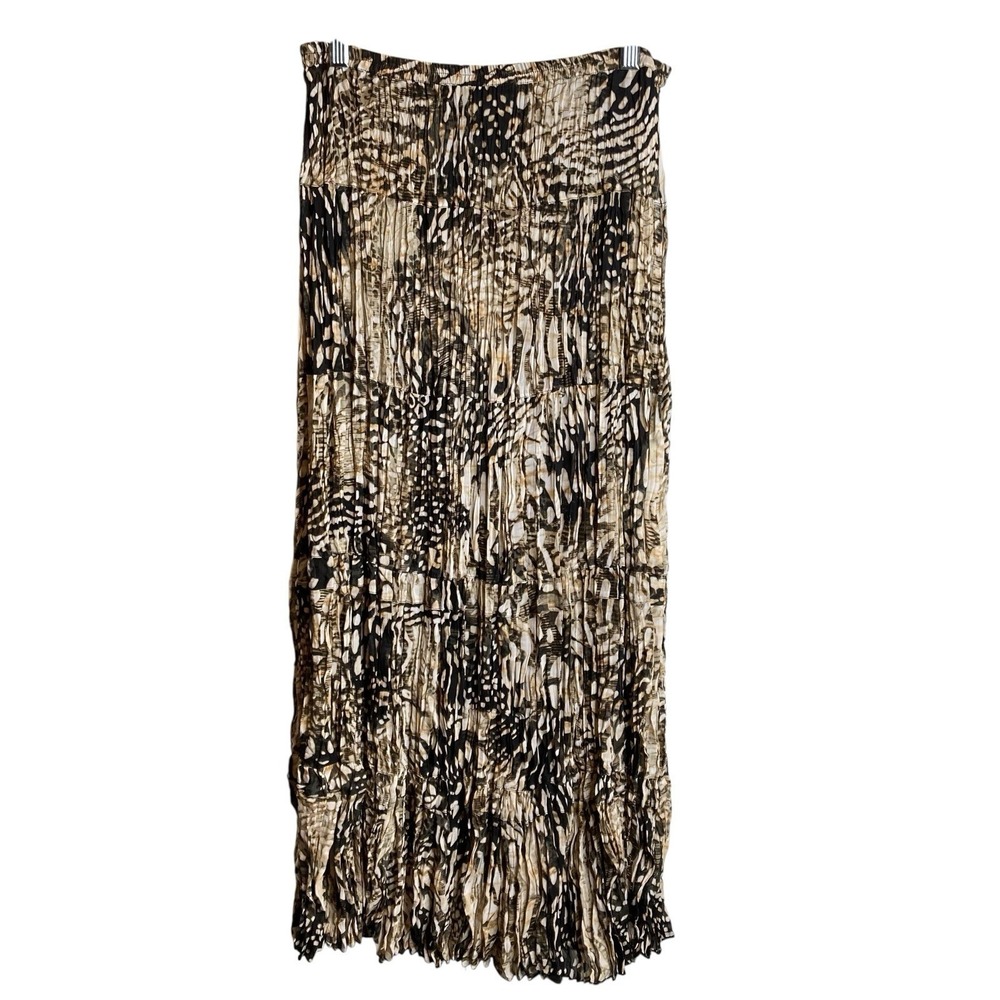 Chico's Animal Print Pleated Maxi Skirt Sz 1/M Flowy Neutral Safari Chic Resort